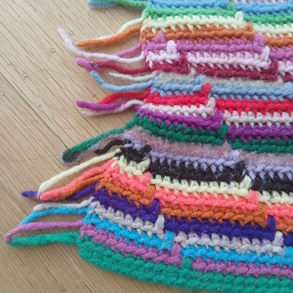 1980's Crochet Afghan Blanket Retro Rainbow Throw Fringe Ends Upcycled 67" x 52" - Picture 14 of 14